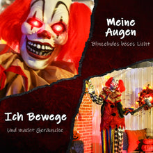 Laden Sie das Bild in den Galerie-Viewer, Animierte Halloween-Dekoration – Riesen-Clown mit Hammer, LED-Augen &amp; Sound, 173 cm