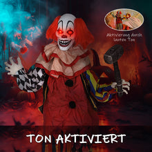 Laden Sie das Bild in den Galerie-Viewer, Animierte Halloween-Dekoration – Riesen-Clown mit Hammer, LED-Augen &amp; Sound, 173 cm