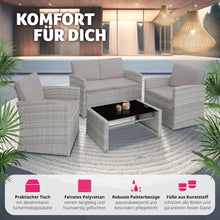 Laden Sie das Bild in den Galerie-Viewer, Polyrattan Sitzgruppe für 4 Personen, Gartenmöbel Set mit Sofa, Sessel und Tisch, inkl. Sitz- und Rückenkissen, für Garten, Terrasse und Balkon.