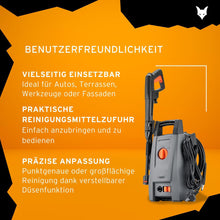 Laden Sie das Bild in den Galerie-Viewer, Hochdruckreiniger 110 BAR Arbeitsdruck, Fördermenge 390 l/h,1400 Watt Leistung, 5 m Hochdruckschlauch und -Pistole, 4.9 kg, inkl. Zubehör