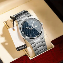 Laden Sie das Bild in den Galerie-Viewer, Elegante Herren-Armbanduhr, Stahlband mit blauem Ziffernblatt.