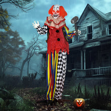 Laden Sie das Bild in den Galerie-Viewer, Animierte Halloween-Dekoration – Riesen-Clown mit Hammer, LED-Augen &amp; Sound, 173 cm