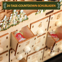 Laden Sie das Bild in den Galerie-Viewer, Adventskalender, Weihnachtsdorf, 18 LEDs, 24 Schubladen, wiederverwendbar, 45 x 9 x 42,5 cm
