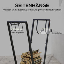 Laden Sie das Bild in den Galerie-Viewer, Kaminholzständer Feuerholzgestell, trapezförmiges Design, pulverbeschichteter Metall, mobil mit Rollen, 79 x 30 x 81 cm, Schwarz