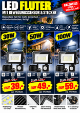 Laden Sie das Bild in den Galerie-Viewer, Neues LED Sicherheit Flutlicht Strahler mit Bewegungsmelder (Sensor) und Stecker zum direkten Anschließen. Lichtfarbe helles weiß. 30-100 Watt