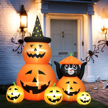 Laden Sie das Bild in den Galerie-Viewer, Halloween-Gartendeko Kürbisfamilie mit Katze, Gebläse wetterfest 160 x 100 x 180cm