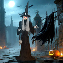 Laden Sie das Bild in den Galerie-Viewer, Animierte Halloween-Dekoration – Hexe mit Skull, LED-Augen, Sound &amp; Bewegung, 170 cm