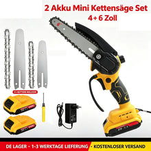 Laden Sie das Bild in den Galerie-Viewer, Sonderposten: Mini-Akku-Kettensäge 4 und 6 Zoll. (2 Ketten-Längen). Inkl. 2 Li-Ion-Akkus und Ladestation.