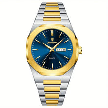 Laden Sie das Bild in den Galerie-Viewer, Stahl-Gold Elegante Herren-Armbanduhr, Stahlband mit blauem Ziffernblatt. 42mm Durchmesser