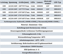 Laden Sie das Bild in den Galerie-Viewer, Neues LED Sicherheit Flutlicht Strahler mit Bewegungsmelder (Sensor) und Stecker zum direkten Anschließen. Lichtfarbe helles weiß. 30-100 Watt