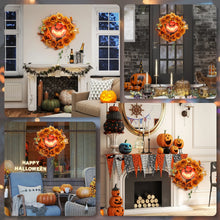 Laden Sie das Bild in den Galerie-Viewer, Halloween-Kranz mit Kürbisgesicht &amp; 44 LED-Lichtern – Flackernder Grusel für Tür, Fenster &amp; Kamin, 44 cm