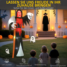 Laden Sie das Bild in den Galerie-Viewer, Aufblasbare Halloween-Dekoration –  XXL-Sensenmann mit Sense und Totenkopf, LED beleuchtet, 370 cm