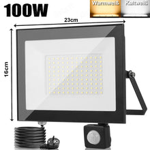 Laden Sie das Bild in den Galerie-Viewer, Neues LED Sicherheit Flutlicht Strahler mit Bewegungsmelder (Sensor) und Stecker zum direkten Anschließen. Lichtfarbe helles weiß. 30-100 Watt