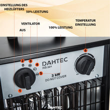 Laden Sie das Bild in den Galerie-Viewer, Elektrischer 3000 Watt Heizlüfter 2 Heizstufen schwarzes Gehäuse. Thermostat.