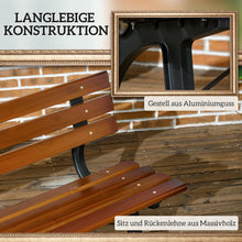 Laden Sie das Bild in den Galerie-Viewer, Parkbank mit Rückenlehne. 150 cm Breite. Dunkles Holz. 2-Sitzer. Im typischen Parkbank-Look. Lamellen.