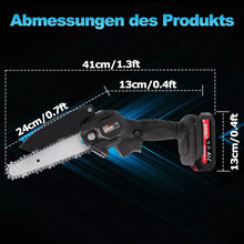 Laden Sie das Bild in den Galerie-Viewer, Schwarze Mini-Akku-Kettensäge 4 und 6 Zoll. (2 Ketten-Längen). Inkl. 2 Li-Ion-Akkus und Ladestation.