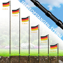 Laden Sie das Bild in den Galerie-Viewer, Teleskop-Fahnenmast (Silber o. Schwarz) mit Fahne. 6,30 m. Für Firma, Garten, Haus... Mit Flagge 150 x 90 cm.