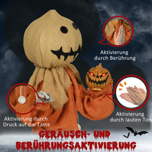 Laden Sie das Bild in den Galerie-Viewer, Animierte Halloween-Dekoration – Vogelscheuche mit Bewegung, Sound &amp; LED, 77 cm
