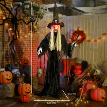 Laden Sie das Bild in den Galerie-Viewer, Animierte Halloween-Dekoration – Hexe mit Skull, LED-Augen, Sound &amp; Bewegung, 170 cm